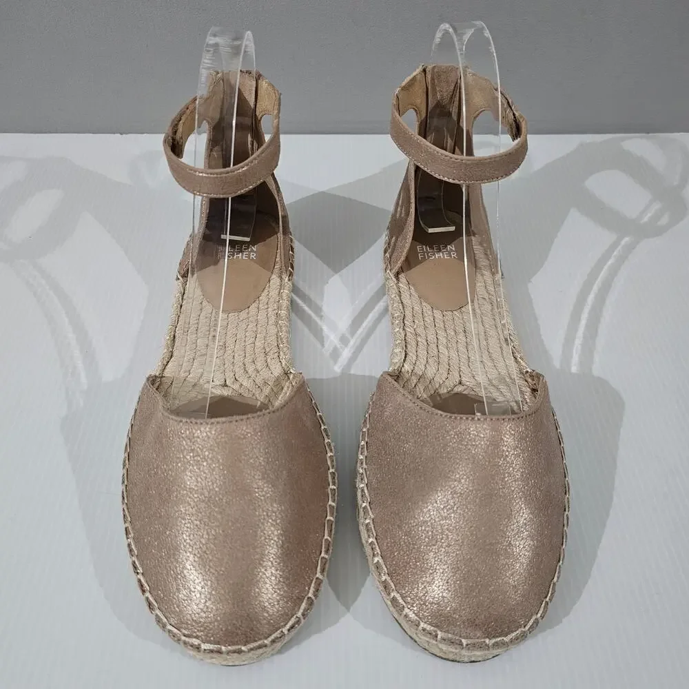 Eileen Fisher Lala Flat Espadrille Womens 9 Metallic Tan Leather Sandal